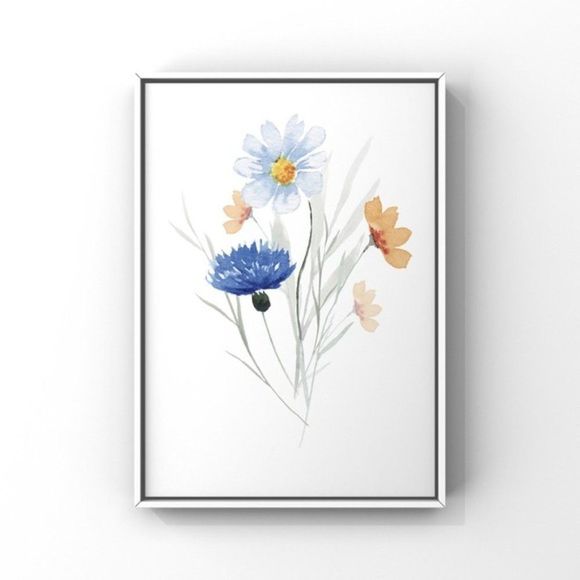 Set of 3 Blue Tan Wildflowers Minimalist Watercolor Digital Art Prints - Picture 5 of 7